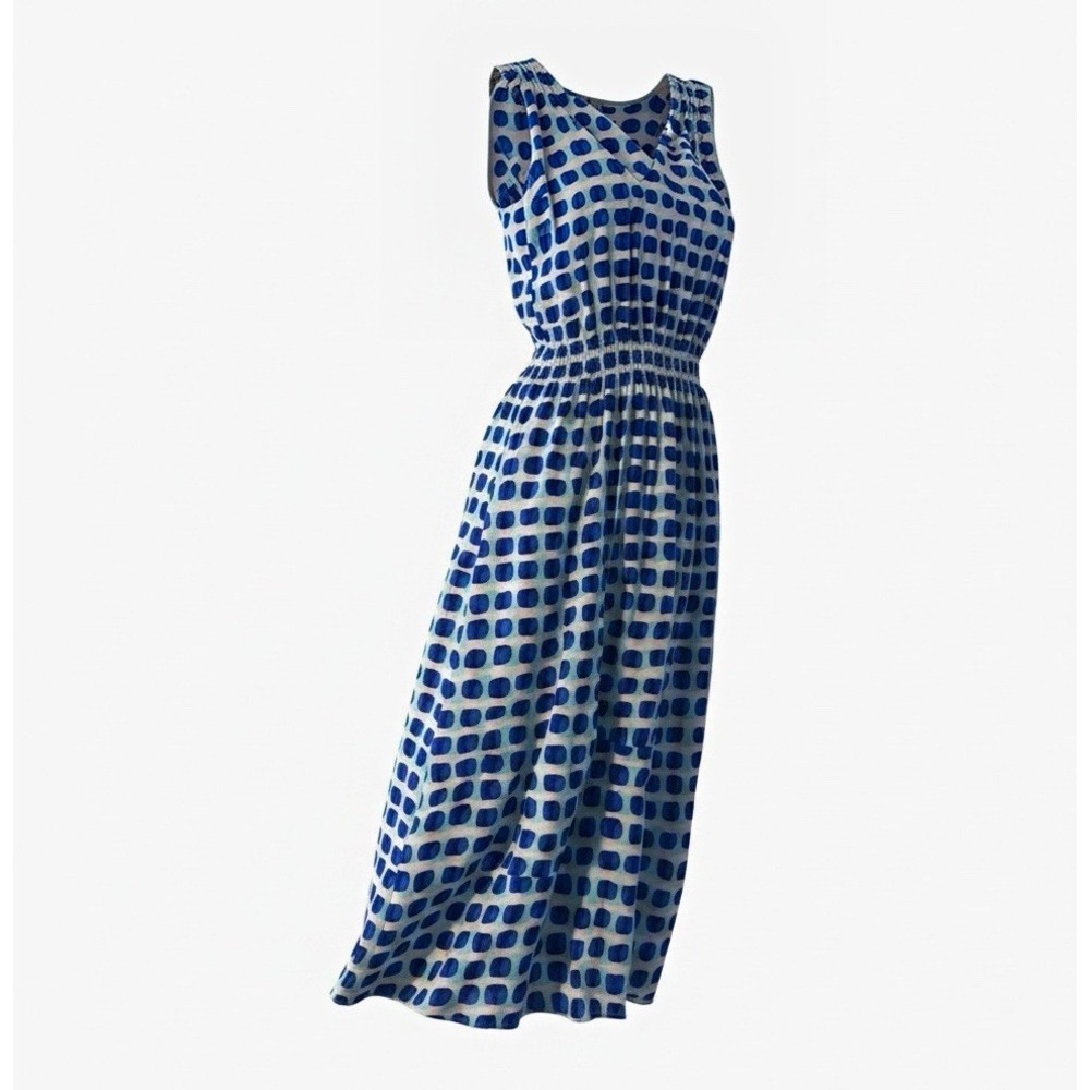 kate spade new york XS Blue/White Polka Dot Scoop Neck Midi A-Line Silk Chiffon